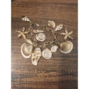 Vintage Gold Tone Seashell Charm Bracelet Nautical Beach Starfish Coastal Boho